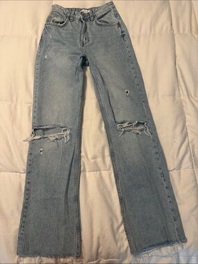 Zara Light Blue Distressed Wide-Leg Jeans
